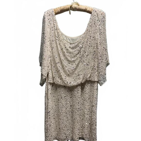 Pisarro Nights Women's Off White Sequin Midi Dress with Open Sleeves Size 10 - Picture 1 of 9